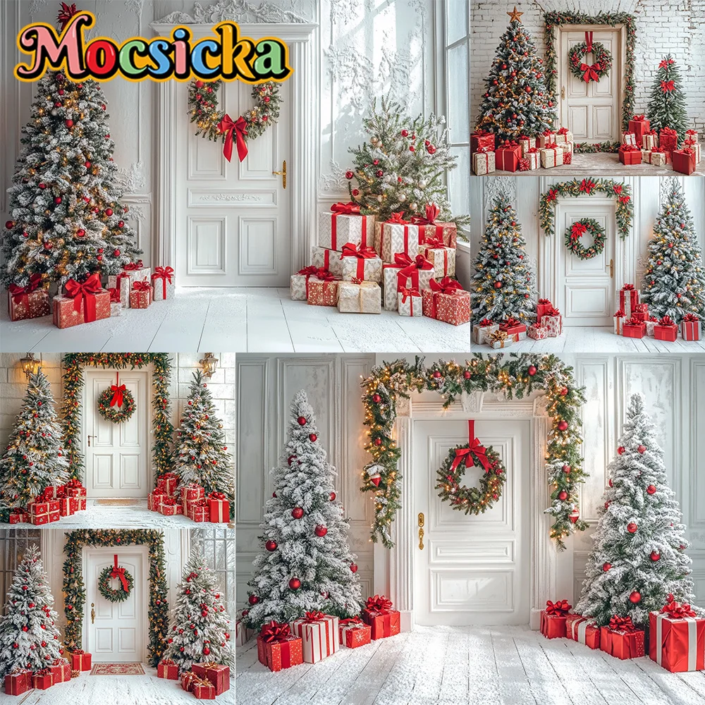 

Mocsicka Photography Background Christmas Room Tree Door Wreaths Decoration Backdrop Family Kid XMAS Holiday Party Prom Studio