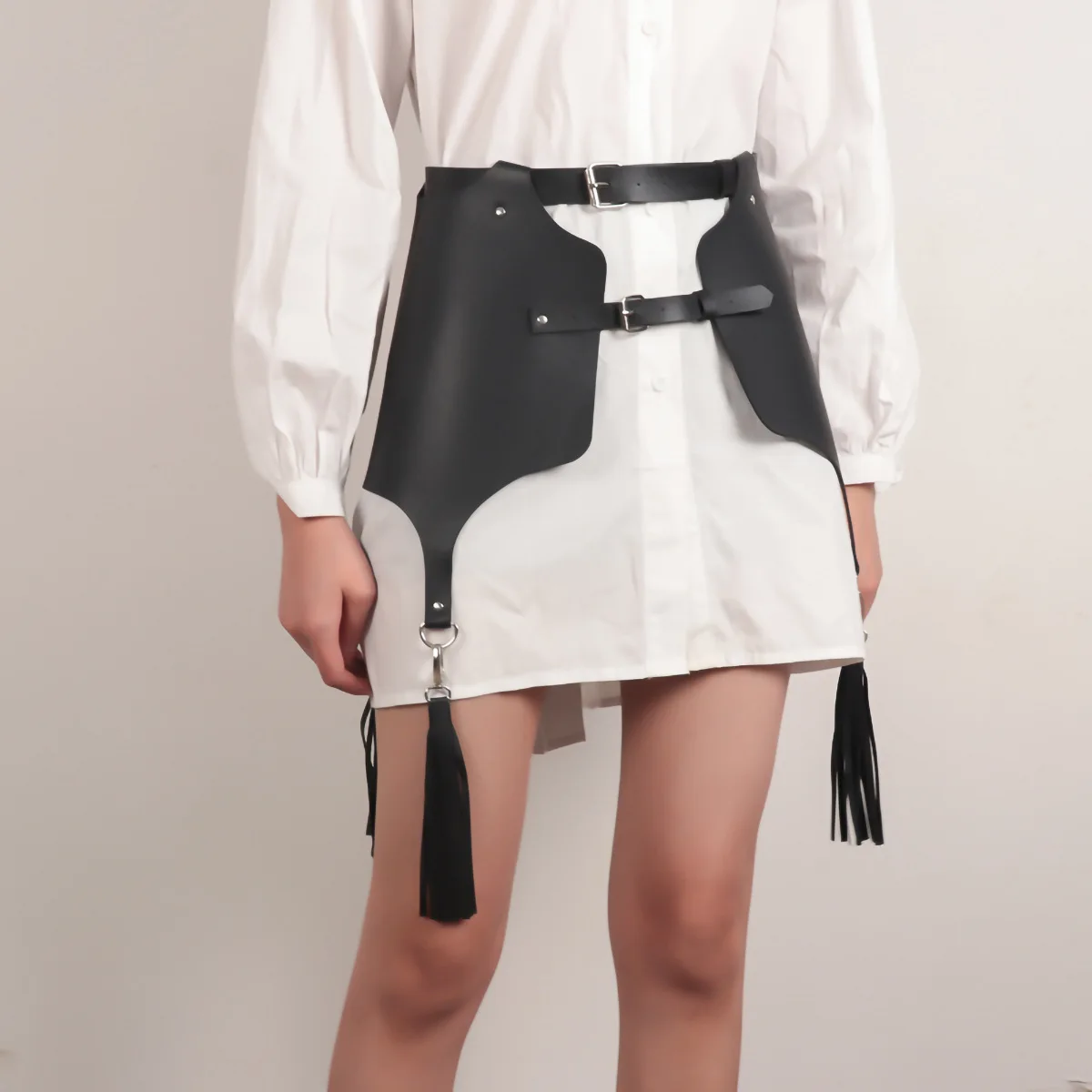 Erotic Punk-Style Leather Waist Skirt with Fringe for Nightclub Parties and Performances