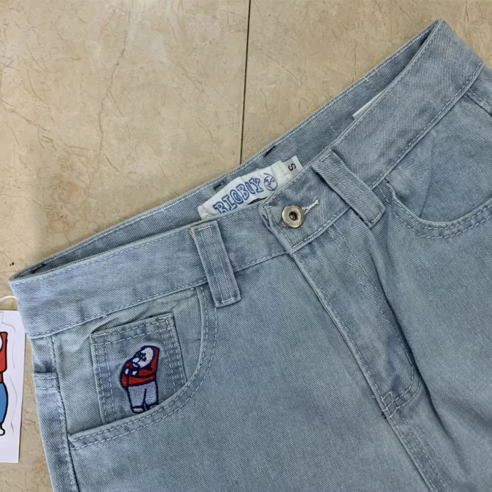 Jeans Y2K Embroidery Pants Streetwear Gothic Cartoon Blue Baggy Jeans Retro Punk Rock High Waist Denim Trousers