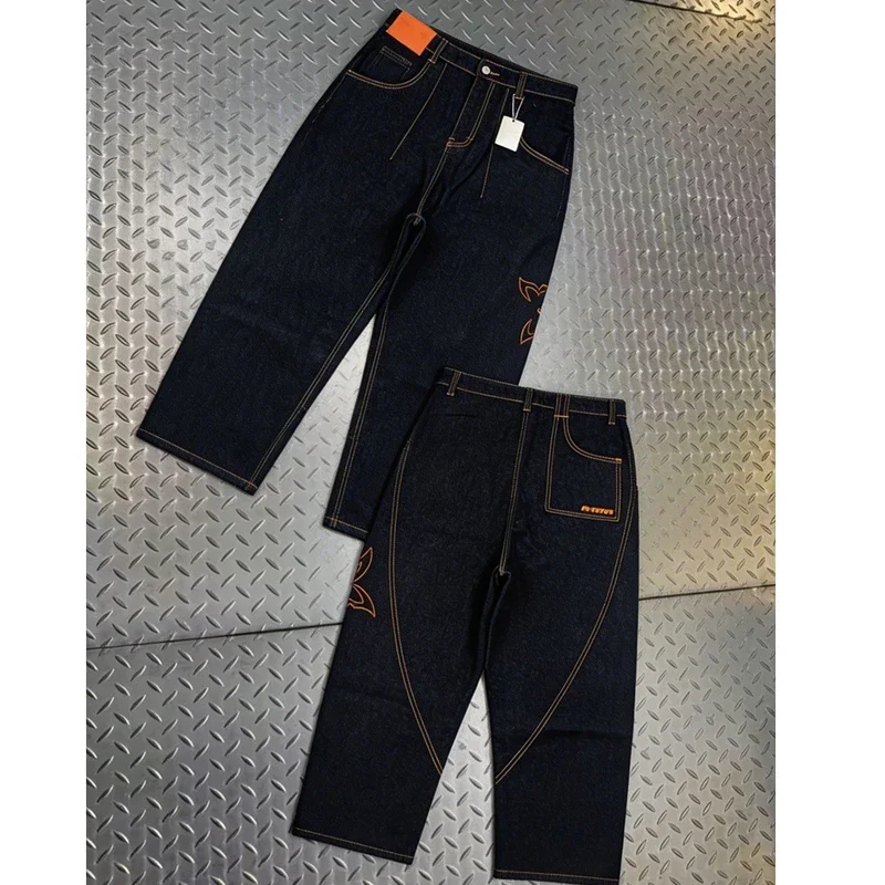 Vintage Denim Pants Man Woman Contrast Orange Stitching Cut Simple Embroidery Loose Wide Leg Mertre Jeans