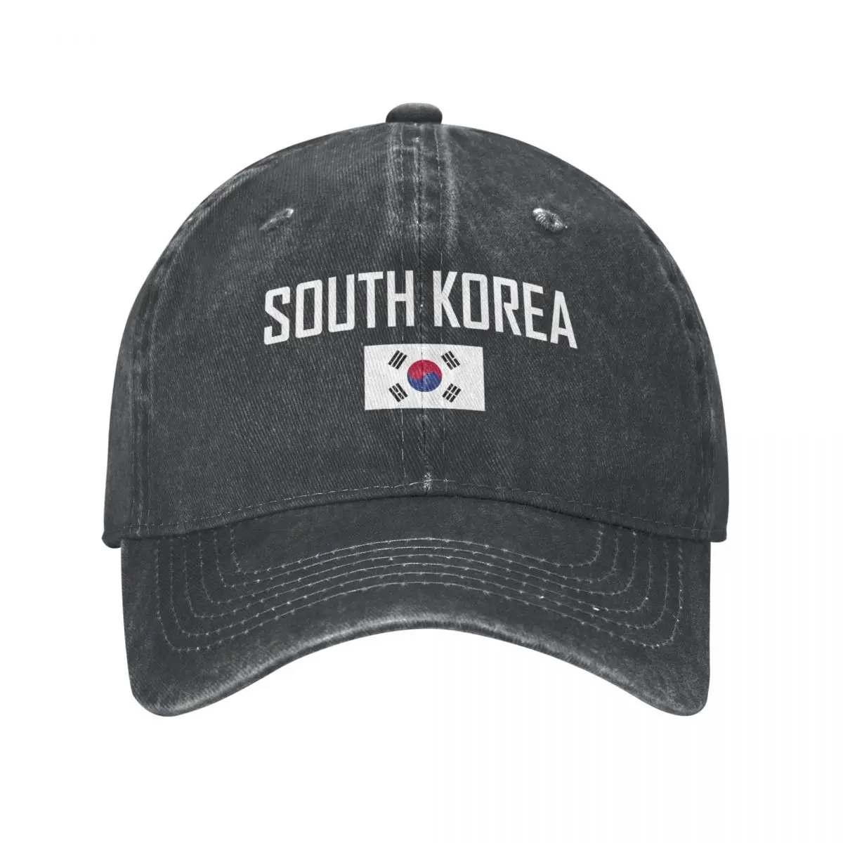 

Men Baseball Cap SOUTH KOREA Flag And Font Charcoal Washed Denim Classic Vintage Cotton Dad Trucker Hat Unisex Adult