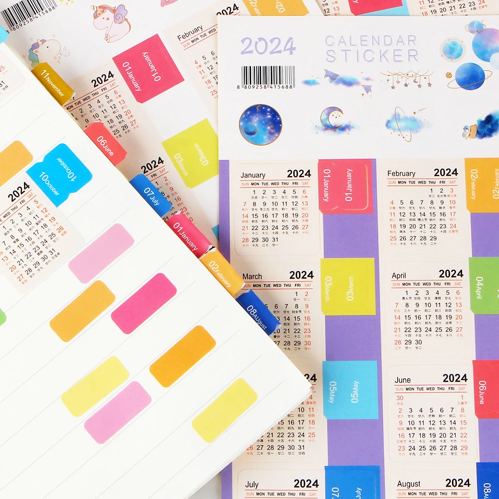 2 Sheets 2024 Year Monthly Calendar Index Page Stickers Bookmark Notebook Agenda Notes Planner Post Label