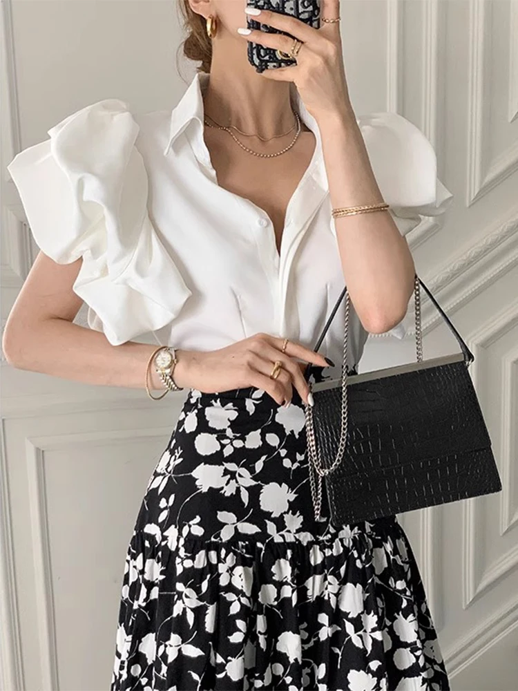 قميص نسائي بأكمام فقاعية بقصة ضيقة، نمط قصير، أبيض، كاجوال، عصري، صيفي، وصل حديثًا، ملابس مكتبية، ألياف البوليستر