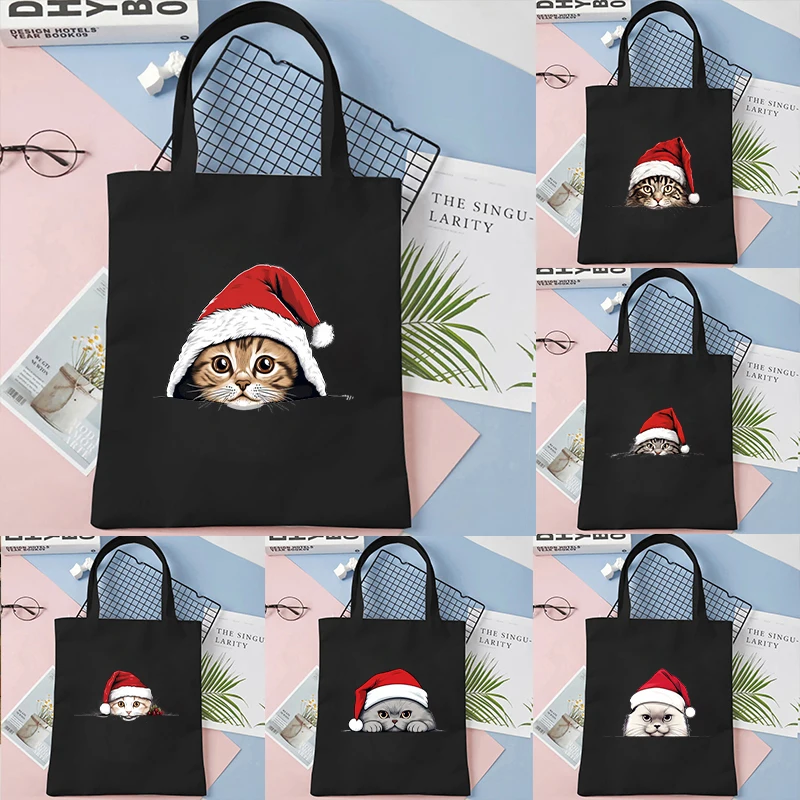 Funny Christmas Cat Print Canvas Tote Bag Large Capacity Teen Shoulder Shopping Bag Fashion Women\'s Christmas Gift Handbags