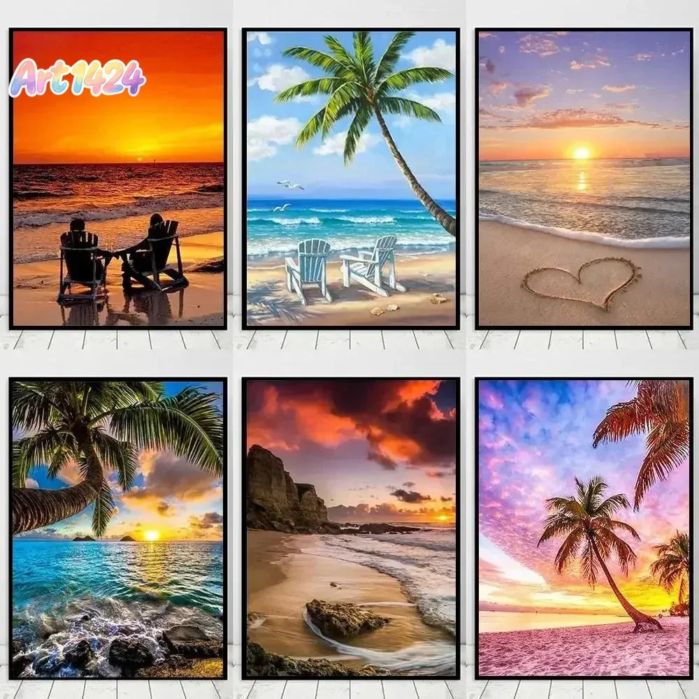 Romantic Beach Sunset Landscape Canvas Print  Seaview Wall Art for Living Room Decor  Natural Lover Painting Poster