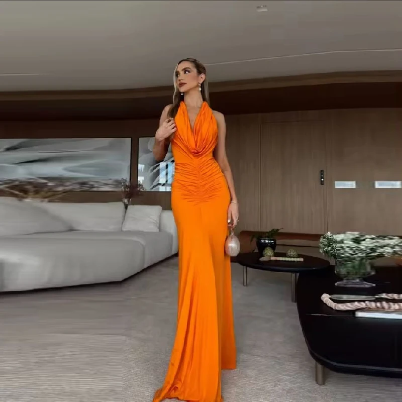 

Elegant Floor-Length Customized Party Dresses Halter Neck Mermaid Prom Dresses 2025 Orange Sleeveless Chic Evening Dresses