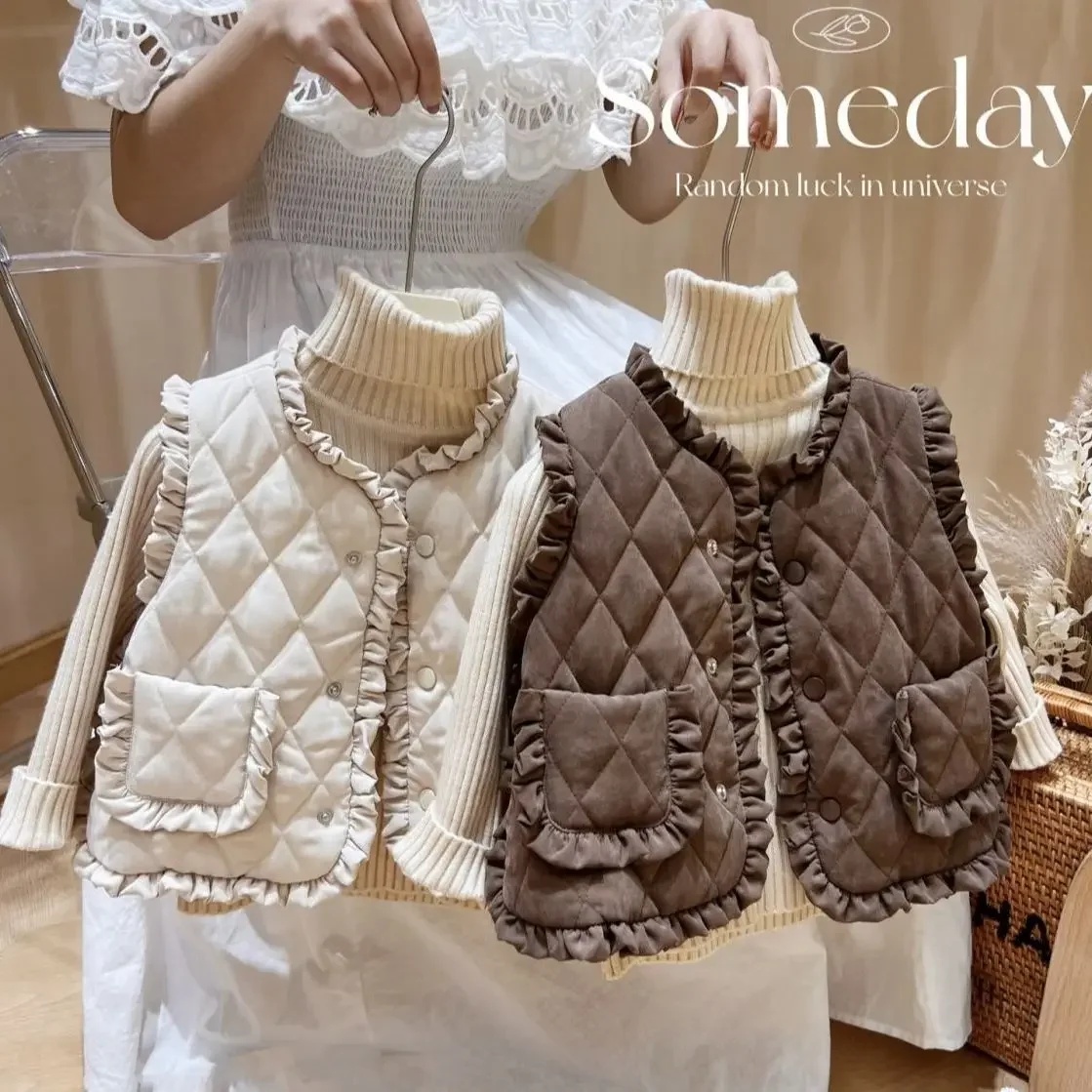 

2023 Baby Girls Winter Vest Coats Sweet Fashion Lace Cotton Padded Velvet Hick Warm Kids Birthday Clothes Children Overcoats