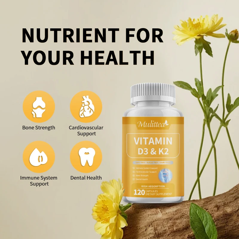 Mulittea Vitamin D3+K2 Supplement to Support Joint, Bone Teeth Heart Regulates Calcium Absorption Immune Health