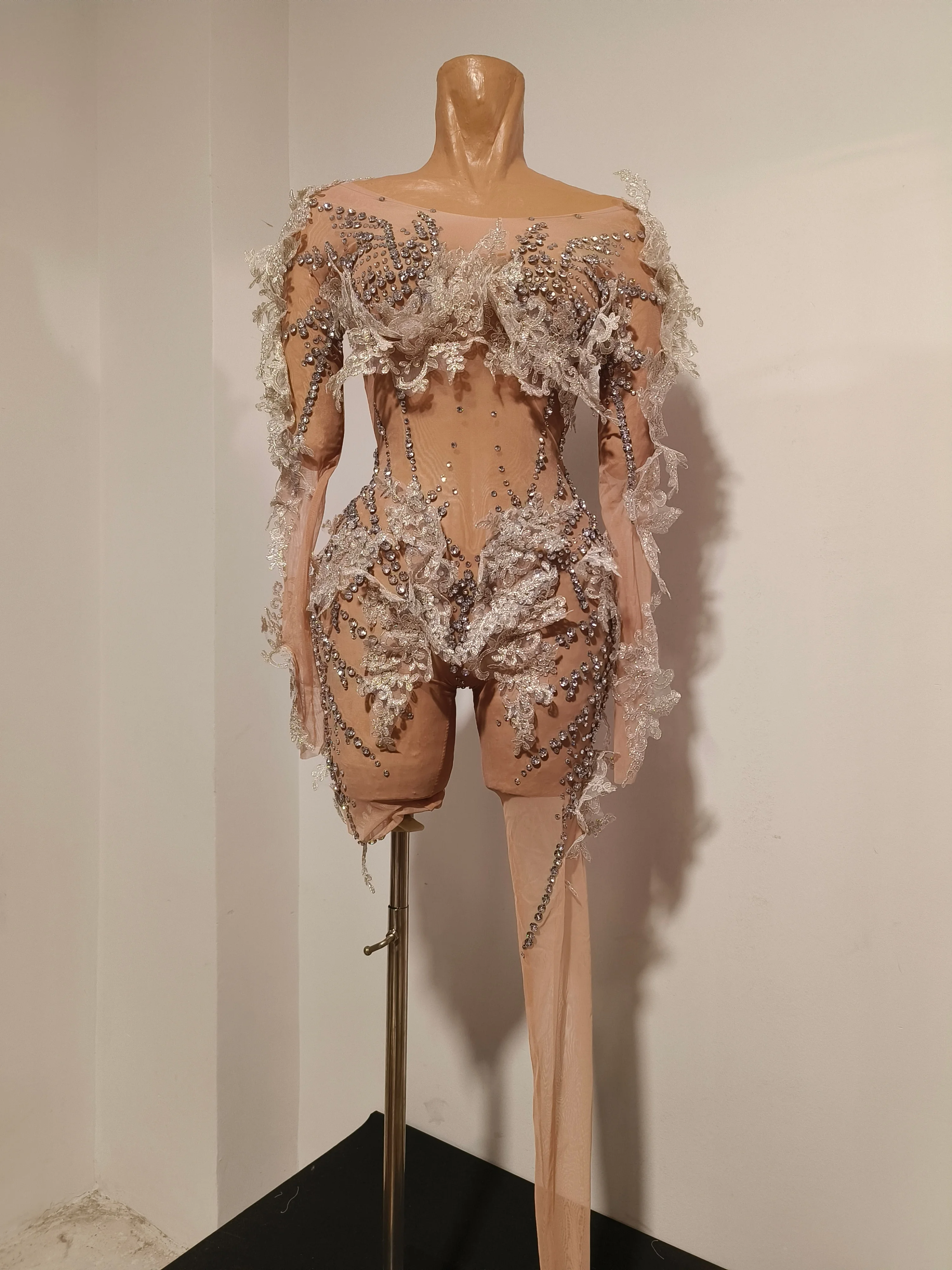 Luxury Sheer Mesh 3D Floral  RhinestoneBodysuit Off Shoulder Long Sleeve AppliqueDecor Women Evening Party Performance Costume