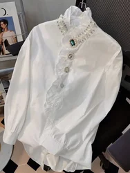 Beautiful Luxury Stand Collar Diamond Beaded Shirt For Women Long Sleeve Autumn Winter Fashion White Blouse