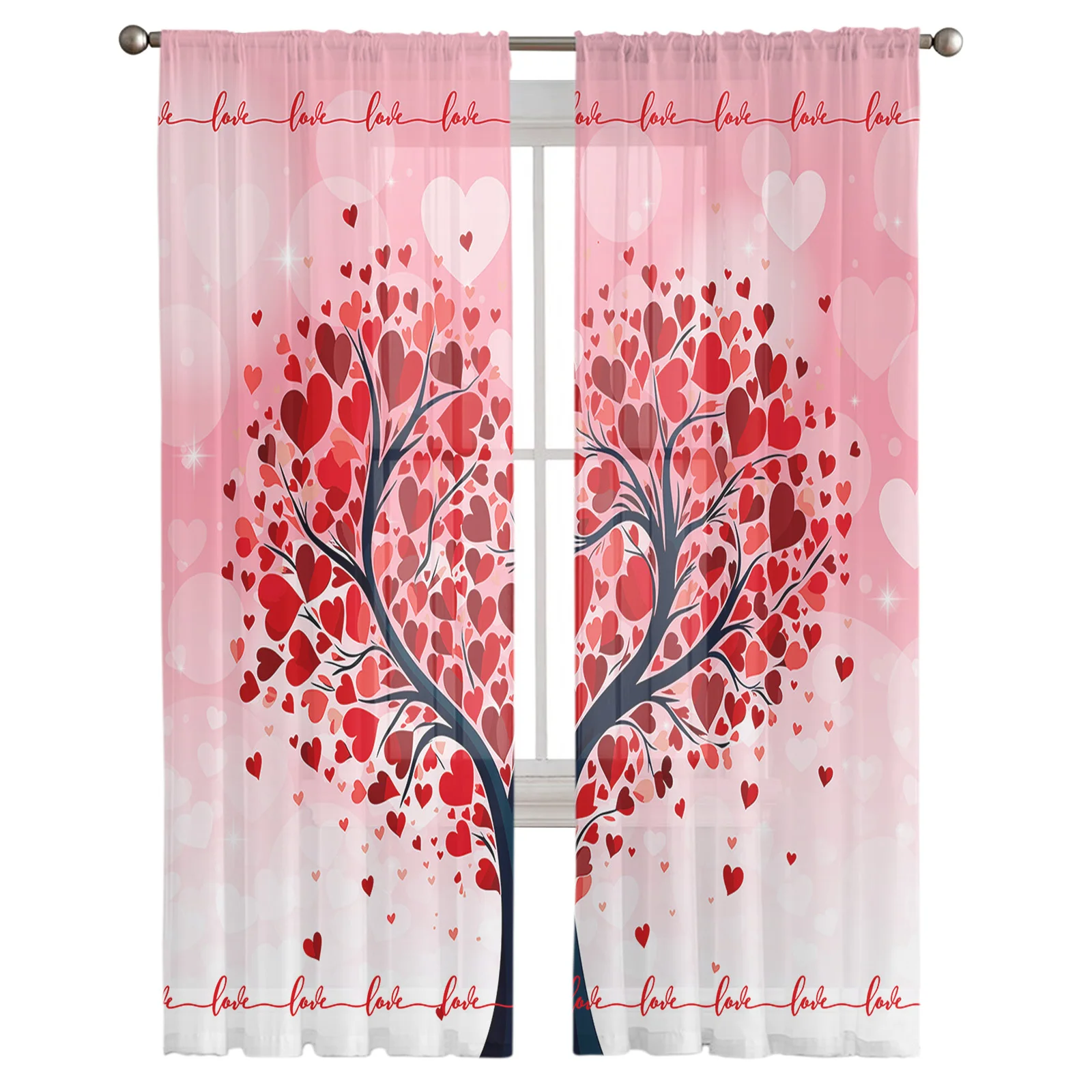 Valentine'S Day Love Tree Illustration Tulle Sheer Curtains for Living Room Home Decor Window Curtains Bedroom Voile Drapes