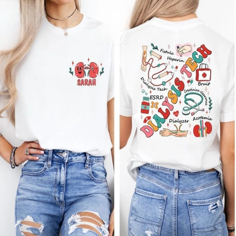 Custom Dialysis Tech Pocket Print T-Shirt Nephrology Nurse Gift High quality cotton Crewneck Regular short sleeve women tshirt