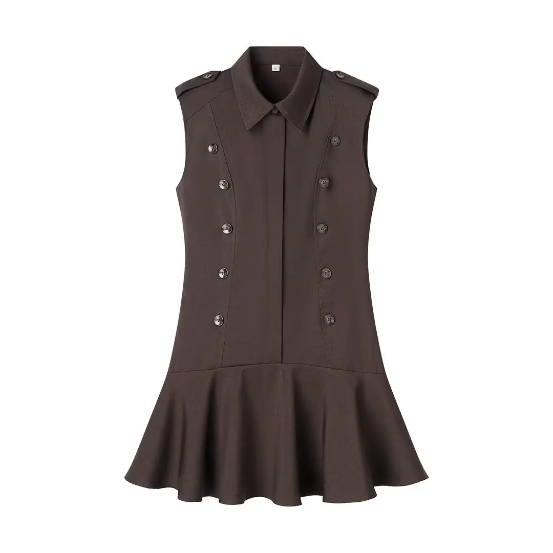 Abito corto plissettato con orlo BSAY con spalline Mini gilet decorativo doppiopetto stile camicia da donna con colletto ribaltabile