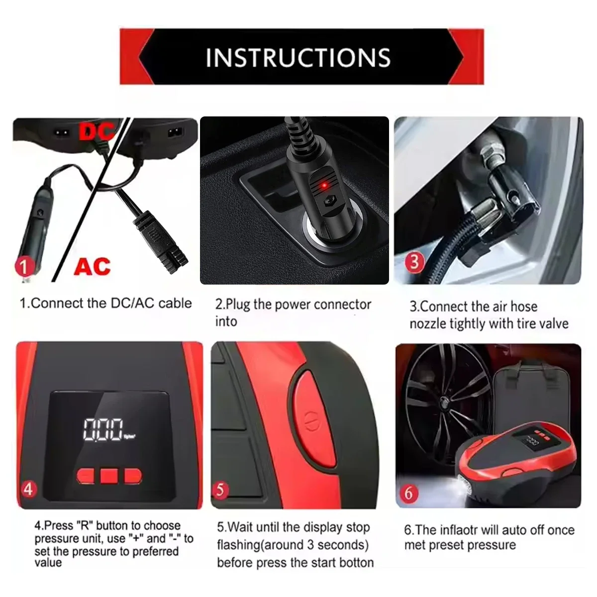 12V/110V Portable Car Tire Inflator Air Compressor Pump, Wired Electric Auto Air Pump with Digital Pressure Gauge for Bike Infl