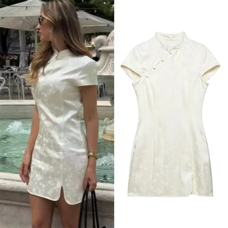 

Women's Dress 2026 Summer New White Jacquard Short-Sleeve Chinese Style Short Dress Elegant and Graceful, Dignified and Fashion