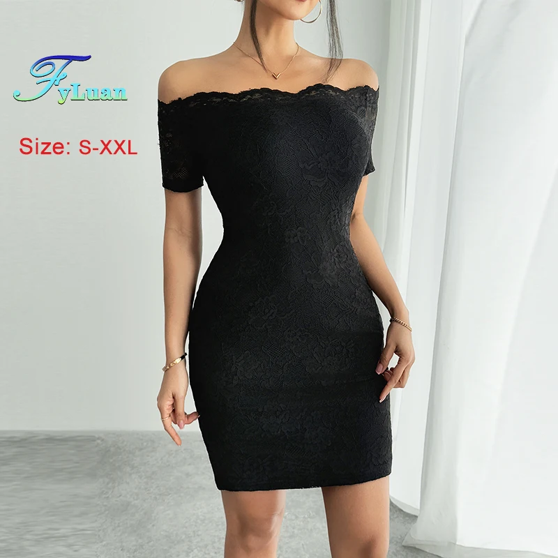 فستان نسائي صيفي جديد نحيف برقبة قارب قبالة الكتف دانتيل كم قصير حزمة سيدة الوركين فستان موضة فستان حفلات الكوكتيل