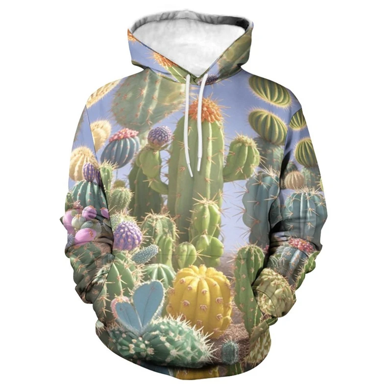 Golden Barrel Cactus Hoodies Plant 3D Printing Scene Planting Long Sleeves Hooded Shirt Funny Casual Street Clothing Sweatshirt