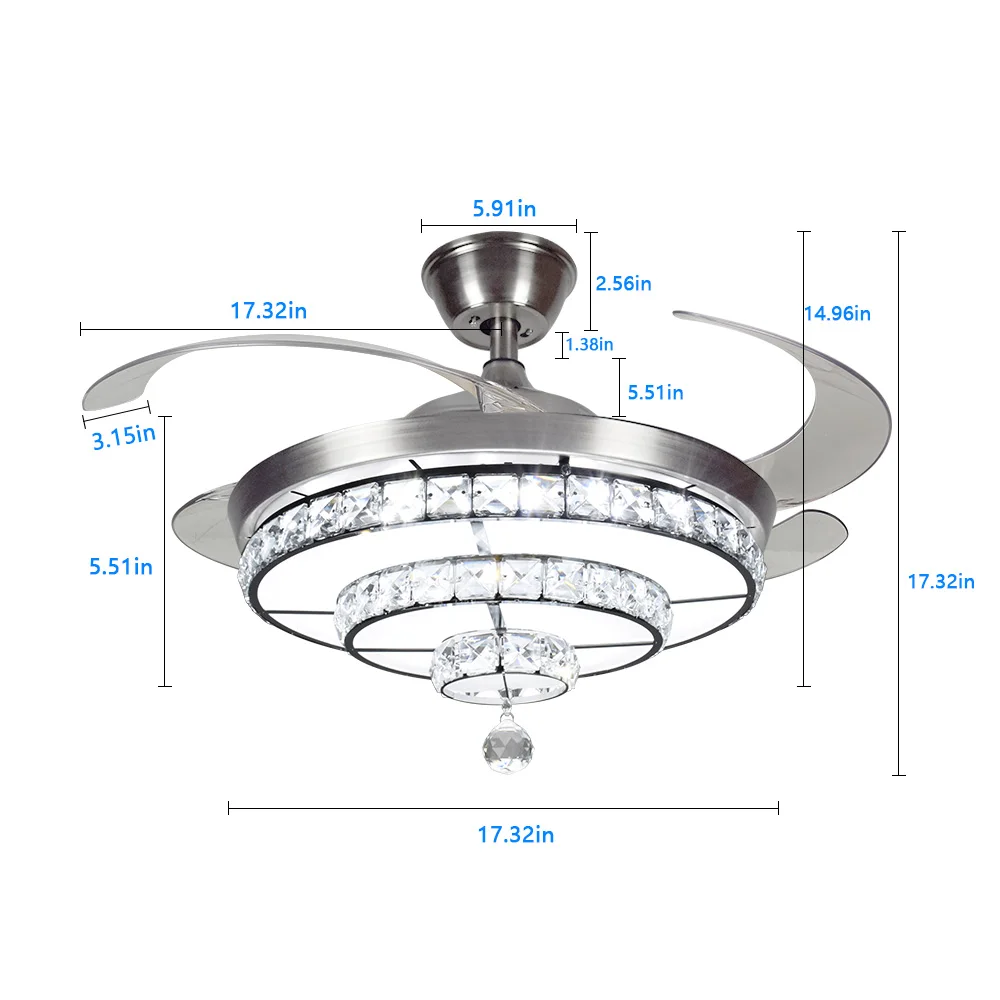 Imagem -04 - Depeley Controle Remoto Ventilador de Teto de Cristal com Luz 3-blade Retrátil Led Ventilador Lustre Cor Mutável para Sala de Estar