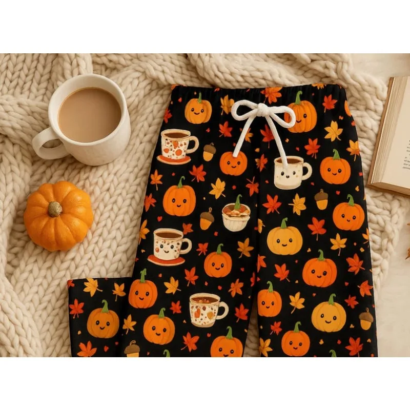 Autumn Atmosphere Cartoon Pumpkin Coffee Full Print Home Pants for Women Wearing Lazy Style Sleeping Pants