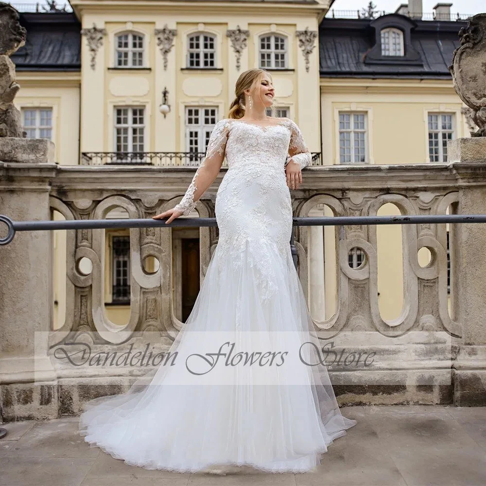 

Plus Size Wedding Dresses Customized Full Sleeve Bride Gown With Lace Applique Mermaid Court Train فستان حفلات 2025