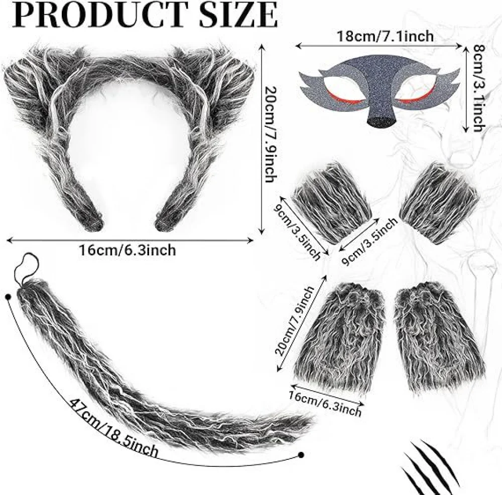 أزياء تنكرية للأذن الذئب للأطفال ، تنورة وقناع الذيل ، بدلة الذيل ، لوازم حيوانات الهالوين ، هدية عيد ميلاد للفتيات