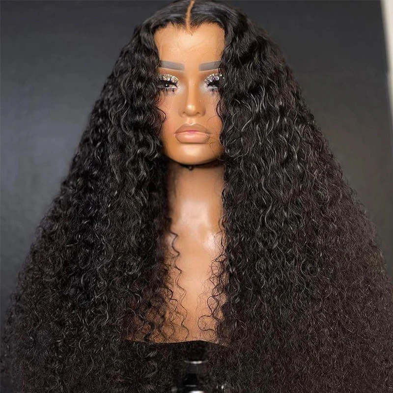 Peluca rizada de encaje frontal para mujer, pelo de bebé largo y suave, color negro Natural, resistente al calor, sin pegamento, 26 pulgadas, 180de densidad