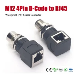 M12 4Pin D-Type to RJ45 Connector Waterproof IP67 Ethernet M12 D Code Male/Female to RJ45 Female Sensor Plug Adapter Industrial