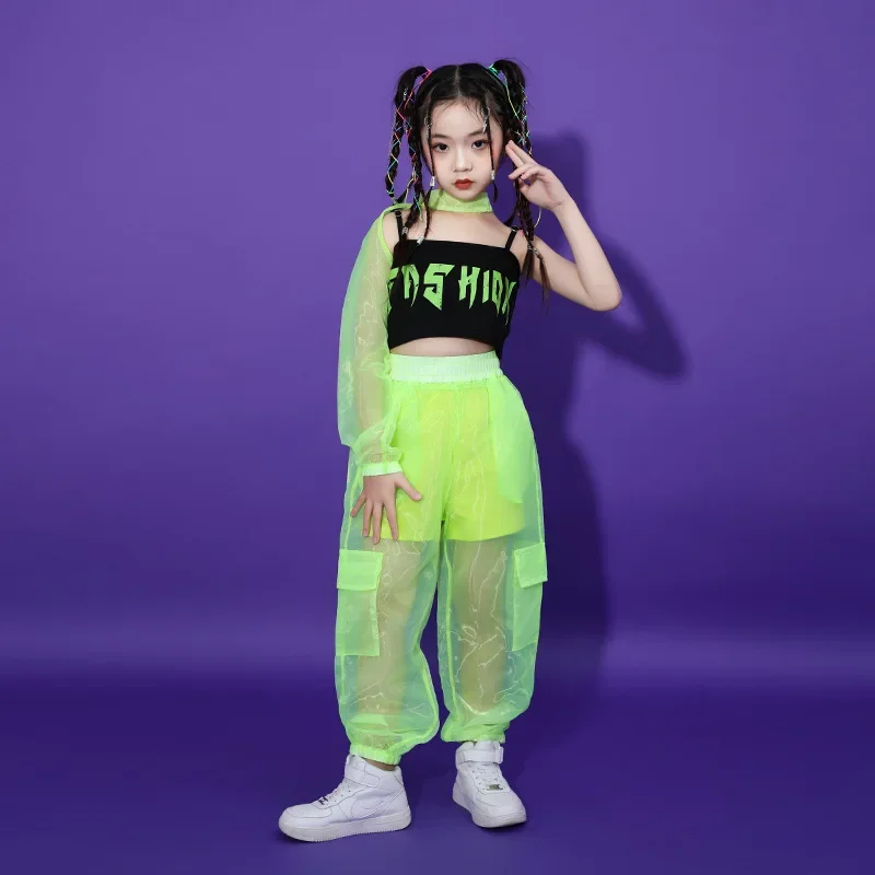 Hip Hop เสื้อผ้าเด็กหญิง Jazz Street Dance เครื่องแต่งกายสีเขียว Single Sleeved Crop Tops กางเกงตาข่ายเด็กชุดประสิทธิภาพ