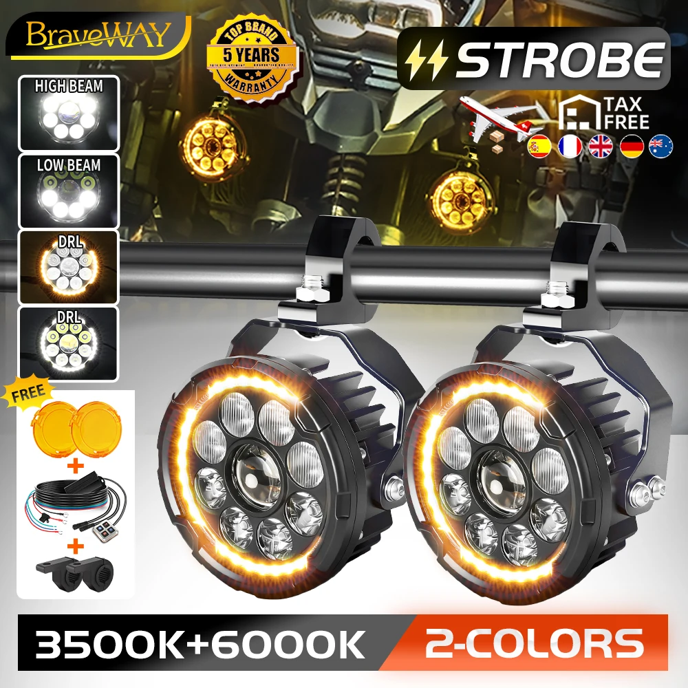 Braveway – phare de moto de 5 pouces, feux antibrouillard, lampe de conduite auxiliaire Led, DRL double couleur, pour BMW R1200GS R1250GS ADV F800GS 12V