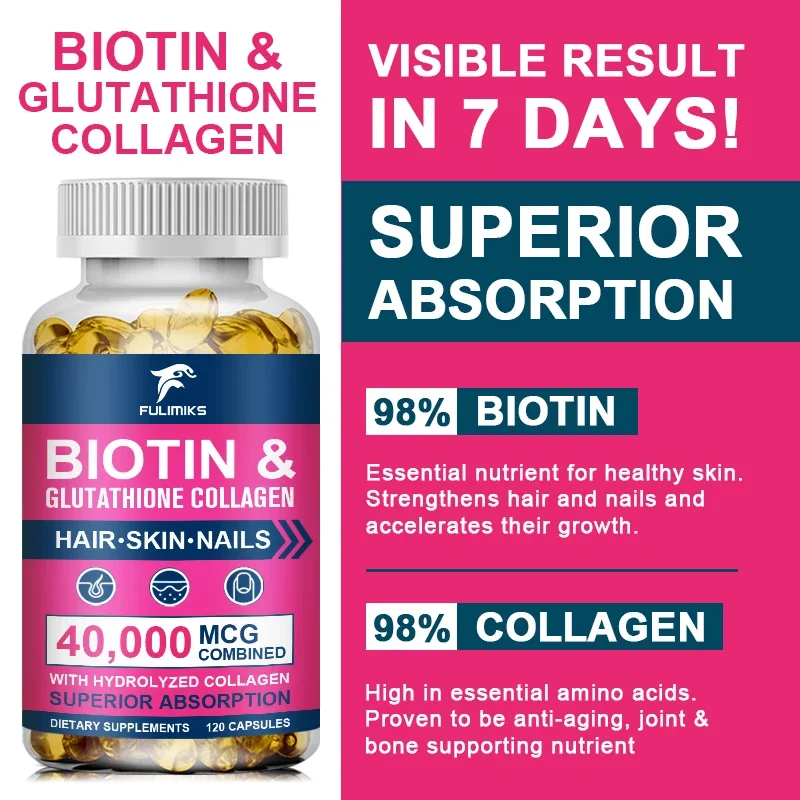 Collagen Glutathione Hyaluronic Biotin and Complex Vitamins Capsule Supplement Antioxidant Skin Beauty Immunite Support