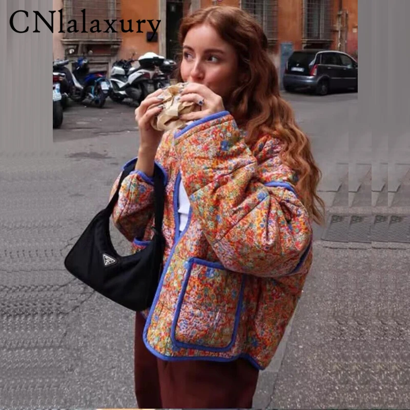 CNlalaxury 2023 Autumn Vintage Flower Printed Cotton Jacket Coat Women Long Sleeve Cardigan Coats Lady Casual Streetwear Tops