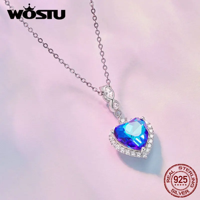 WOSTU 925 Sterling Silver Rainbow Crystal Heart Charms Purple Pendant Fit Original Bracelet DIY Necklace Women Valentine Jewelry