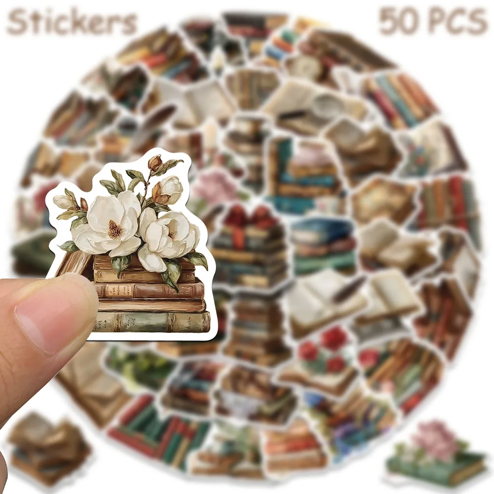 50pcs Vintage Books Stickers Decals For Laptop Scrapbook Suitcase Skateboard Helmet DIY Aesthetic Waterproof Stickers Gifts