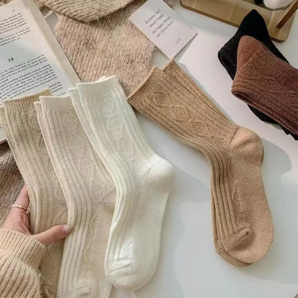 3Pairs Cute Stripe Wool Lattice Socks Soft Sweet Plush Middle Tube Socks Winter Solid Color Pile Up Sleeping Socks for Women