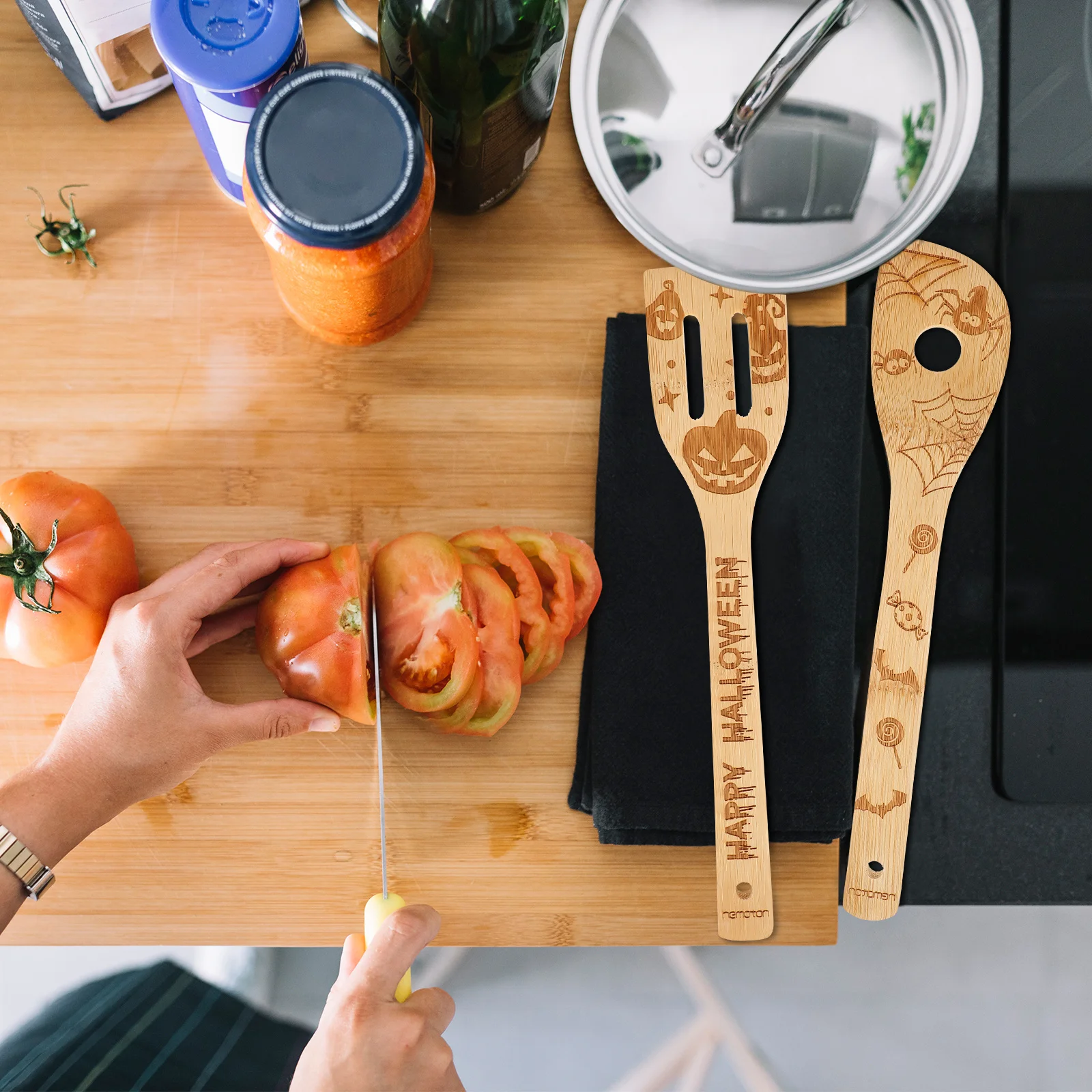 

Halloween Spatula Set 6pcs Bamboo Serving Utensils Wooden Spoons Kitchen Accessories Holiday Decor Gift