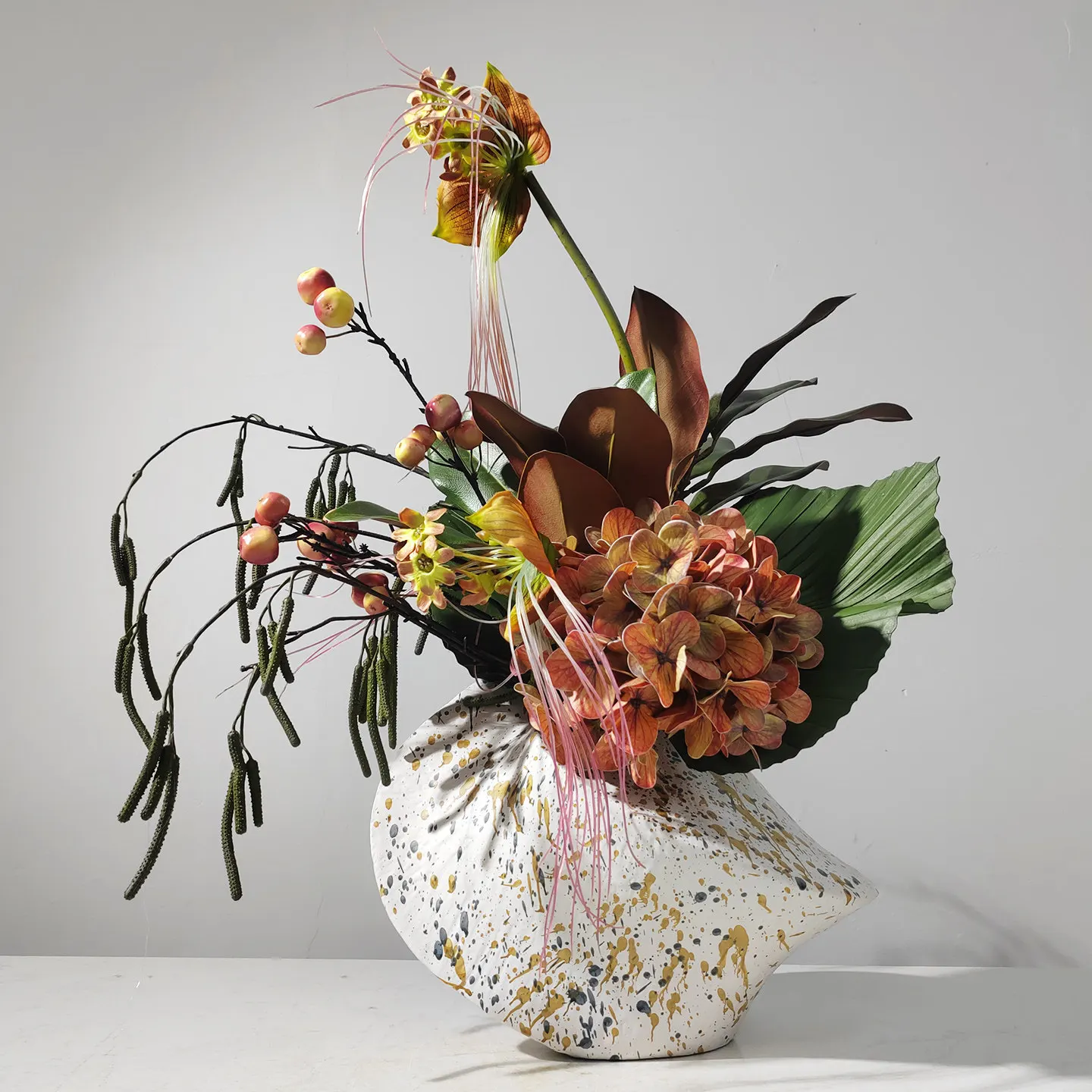 Medieval style painted resin vase flower arrangement soft furnishings B&B, hotel restaurant front desk entrance dining table fak