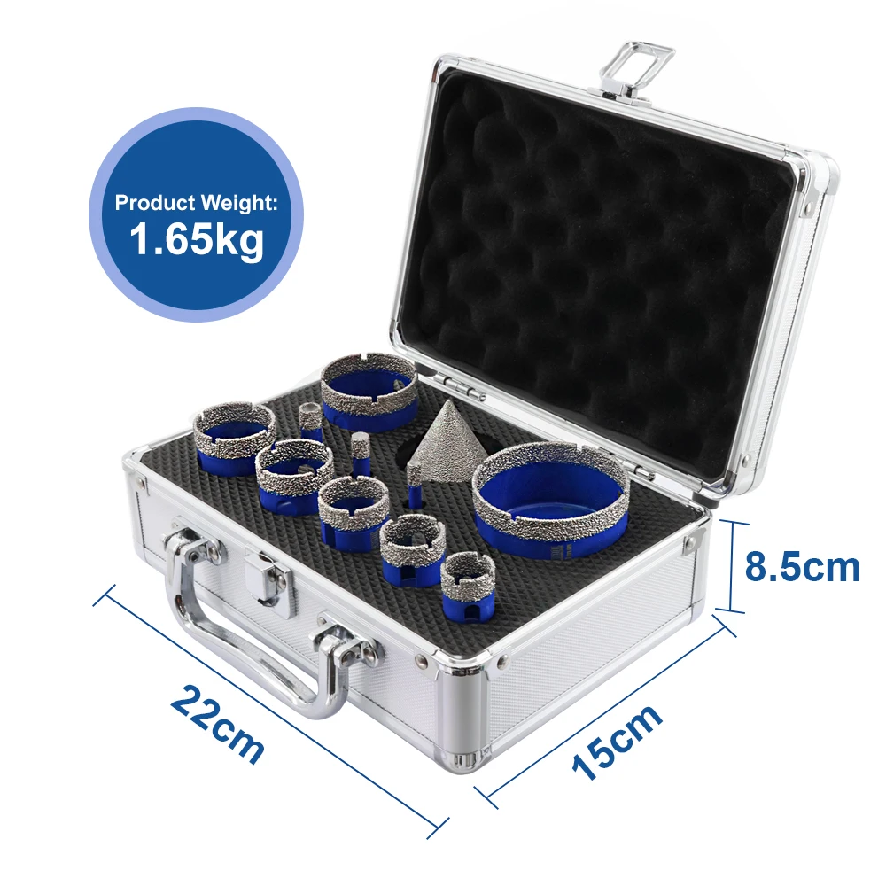 Imagem -05 - Shdiatool 11 Pcs Kit Bits de Perfuração de Diamante 10 20 25 28 32 35 45 65 mm Triângulo Haste Broca Coroas Mais 50 mm Taper Chanfro