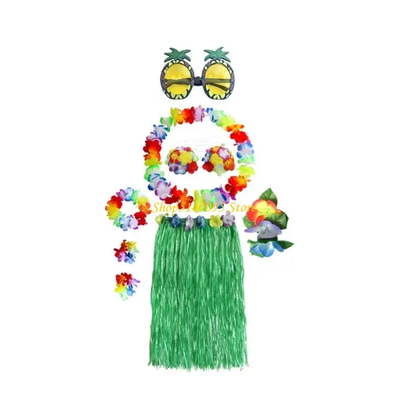 Dxae 8pcs Hawaiian Luaus Hulas Grass Spódnica z kostiumem kwiatowym Zestaw Bracelarii kwiat