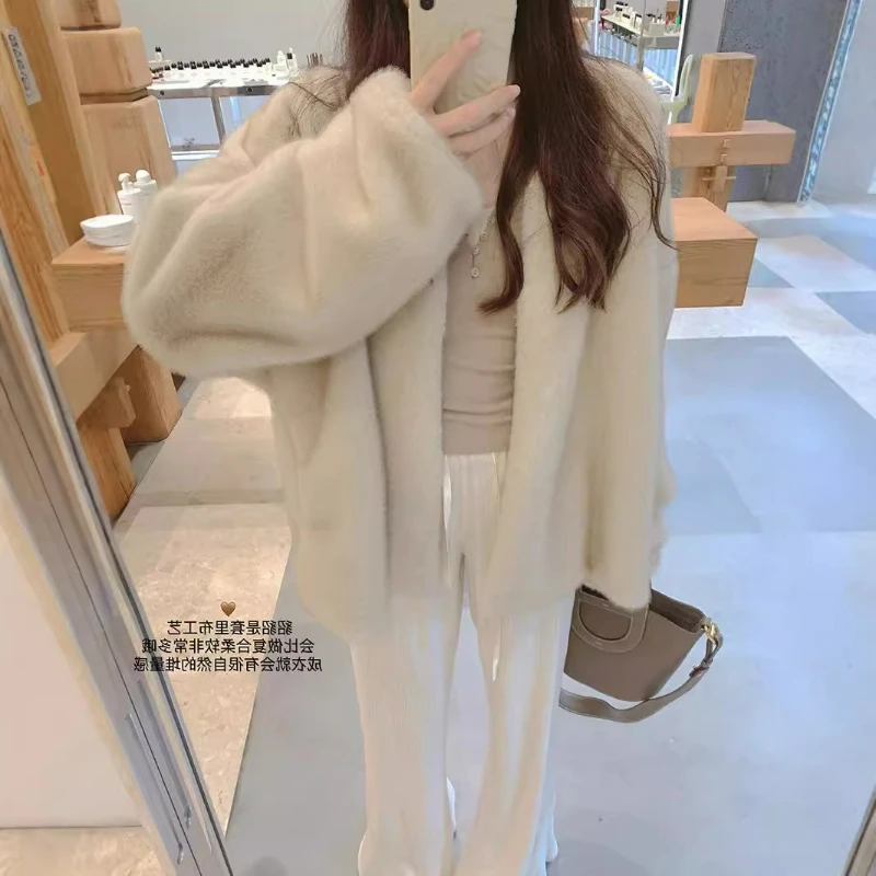 

Faux Fur Coats Women V Neck Coat Cardigan Jackets Solid Spliced Jacket Loose Streetwear Outerwear Splice Thick Warm Winter