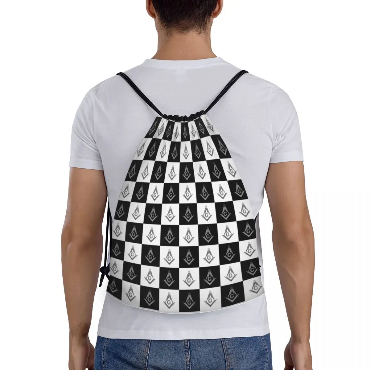 Freemason Checkered Drawstring Mochila, Esporte Gym Sackpack, Portátil maçônico Mason Training Bag, Padrão preto e branco