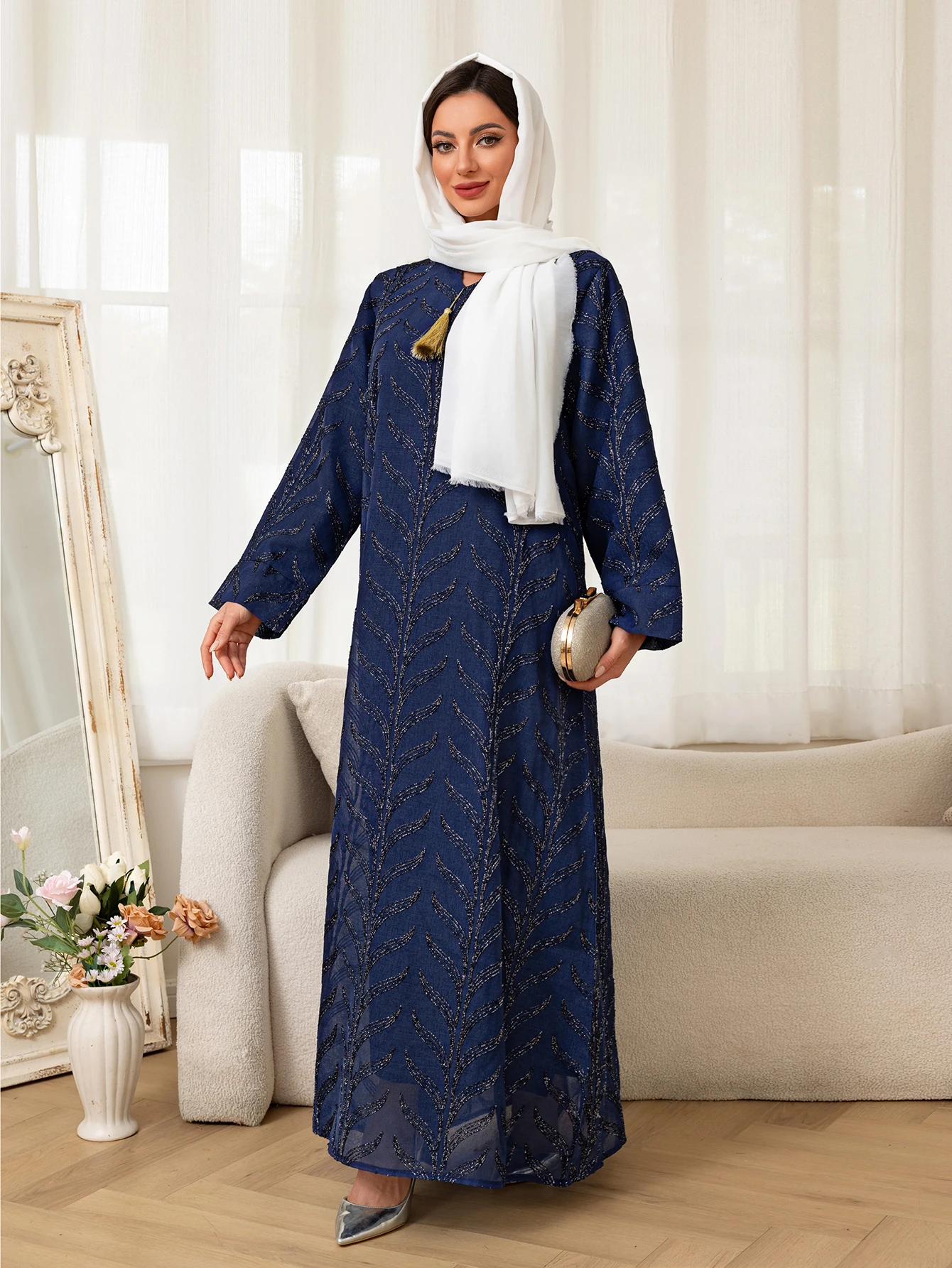 Islamic Blue Abaya for Women black leaf and a decorative tassel Suited for Ramadan activities formal Middle East religious event