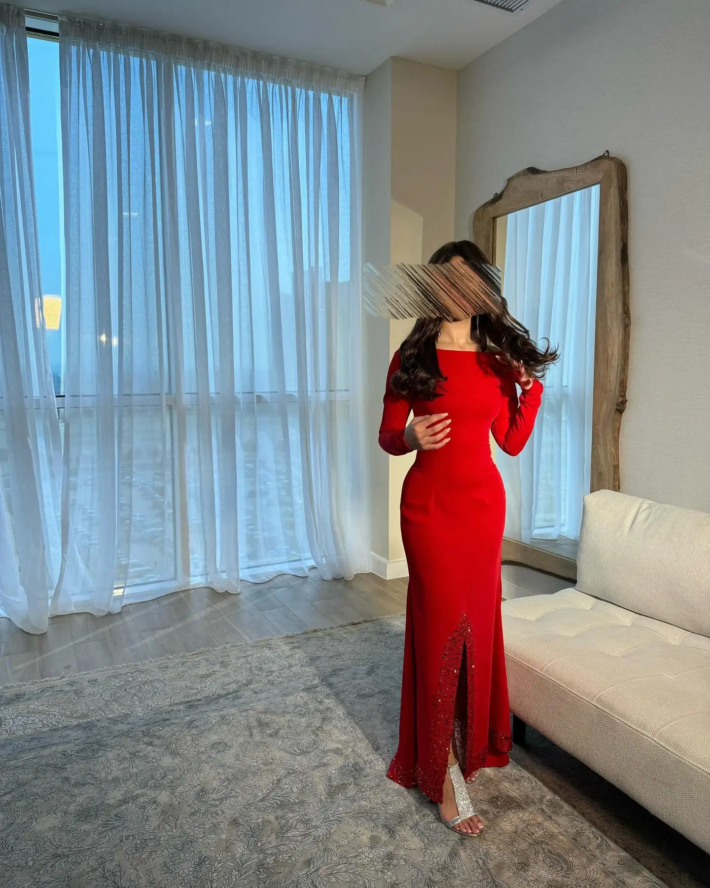 

Customized Elegant Red Jersey Evening Dresses Modern Ruched Scoop Mermaid Party Dress Delicate Long Sleeves Vestido De Noche