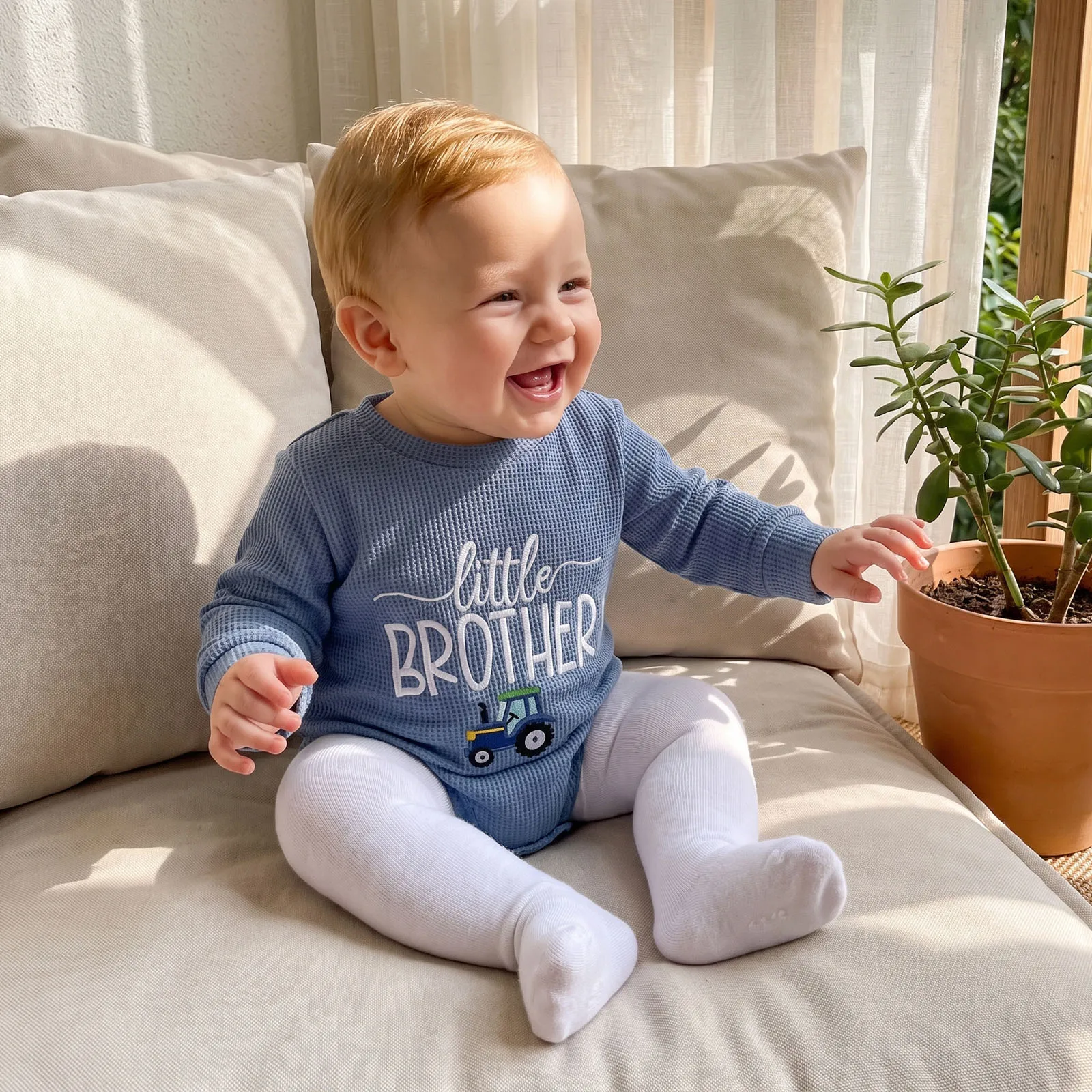 Baby Boy Fall Spring Waffle Brother Rompers Long Sleeve Crew Neck Embroidery Letters Bodysuit Clothes