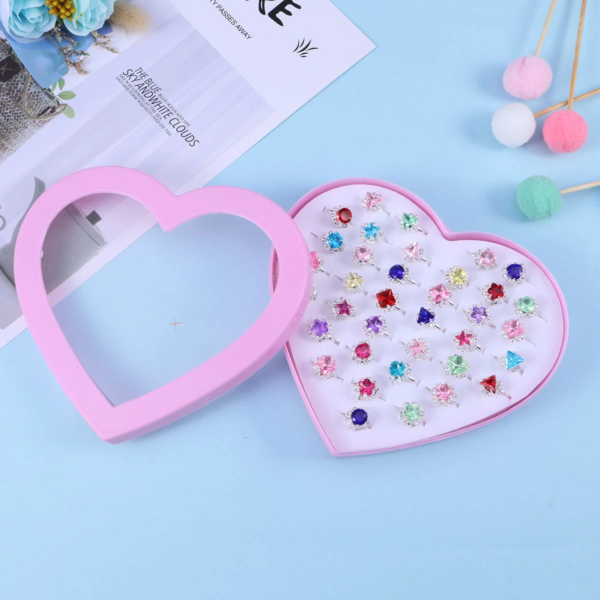 36pcs Child Rings Set Beautiful Crystal Rings Set Dress Up Ring Gift With Heart-Shaped Boxes for Kid Girl Child