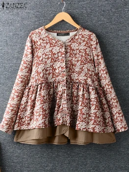 ZANZEA Women Mesh Stitching Hem Blouse Holiday Bohemian Printed Shirts Fashion Buttons Tops 2024 Autumn Retro Long Sleeve Blusas