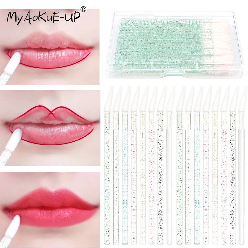 50 stks/doos Kristal Handvat Mascara Wands Lip Borstel Pluizende Glans Applicators Lippenstift Wegwerp Schoonheidssalon Makeup Tools