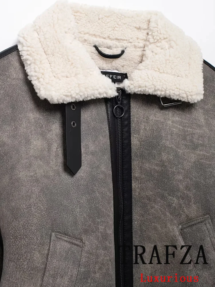 TRAFZA Vintage Chic Women Jackets Patchwork Zipper Pockets Long Sleeve Coats New Fashion 2024 Autumn Winter Office Lady Jackets