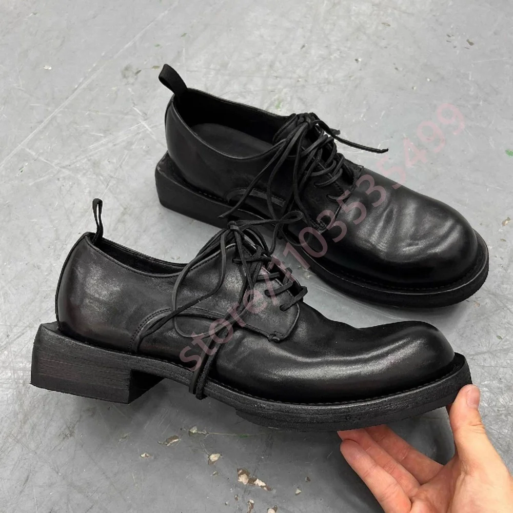 

Black Chunky Heel Men's Loafers 2026 Spring Retro Platform Round Toe Leather Shoes Lace-Up Casual Shoes
