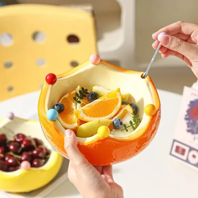 Plato de Cerámica 2 en 1 con Forma de Fresa y Naranja para Servir Frutas y Ensaladas con Tenedores Decorativos