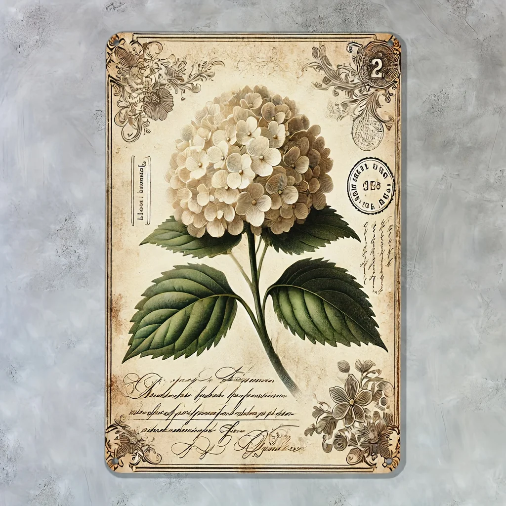 Room Decor  Vintage Floral Metal Tin Sign, Hydrangea Botanical Illustration Wall Art, Iron Crafted for Home, Kitchen, Dining, Be